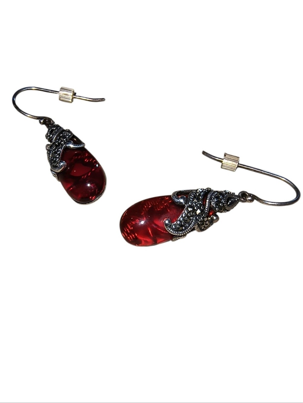 Sterling Silver, Ruby Red Glass & Marcasite Exotic Teardrop Earrings - Picture 6 of 10